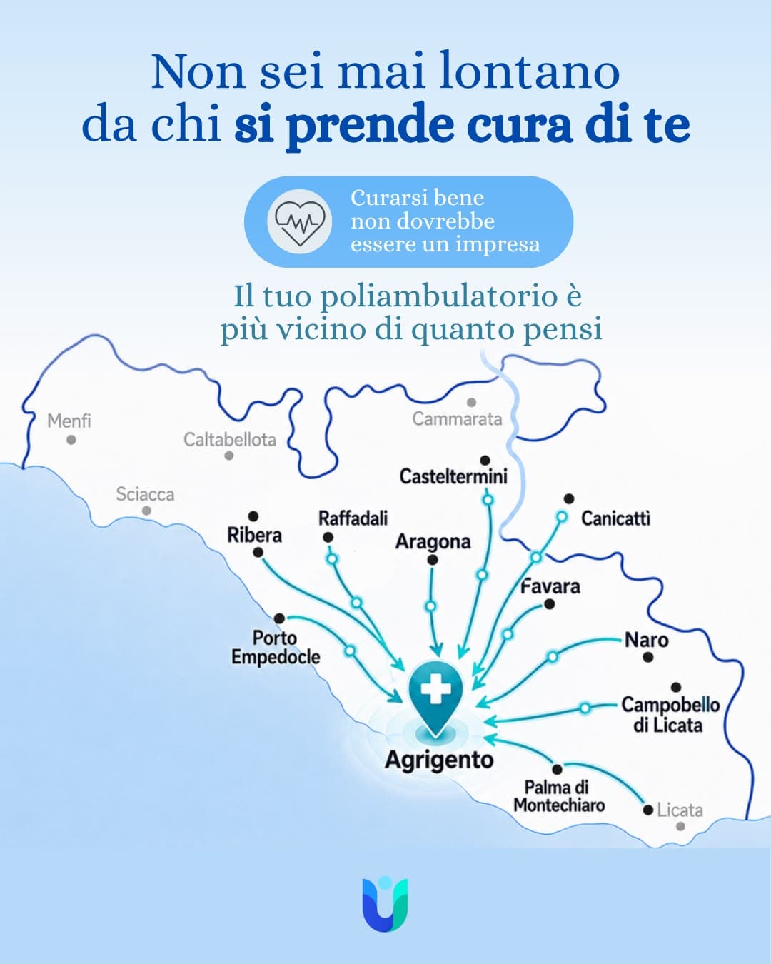 Mappa della provincia di Agrigento: Ultramedica serve Agrigento e i comuni vicini — Porto Empedocle, Favara, Aragona, Raffadali, Ribera, Canicattì, Casteltermini, Naro, Palma di Montechiaro, Campobello di Licata e Licata